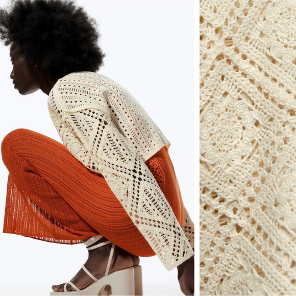 Zara Ecru Crocheted Knit Cropped Sweater - Picture 9 of 12